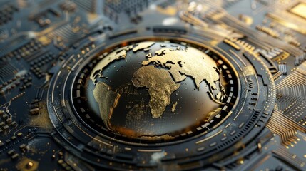 Fototapeta premium Futuristic globe with integrated circuit, representing global technology and digital connectivity. Modern tech concept in a striking visual artwork.