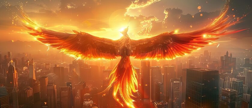 Majestic fiery phoenix rising over a cityscape at sunset, symbolizing rebirth, strength, and transformation with vibrant orange and red hues.