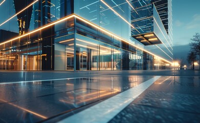 Modern office building exterior, wide angle shot, LED lighting on the facade, empty street in front of it