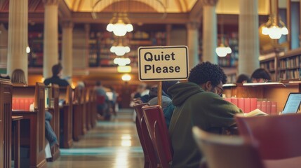 A "Quiet Please" sign in a library, students studying quietly.
