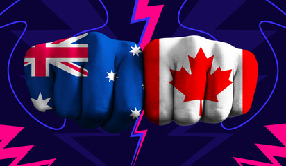 Australia VS Canada T20 Cricket World Cup 2024 concept match template banner vector illustration design. Flags painted on hand with colorful background