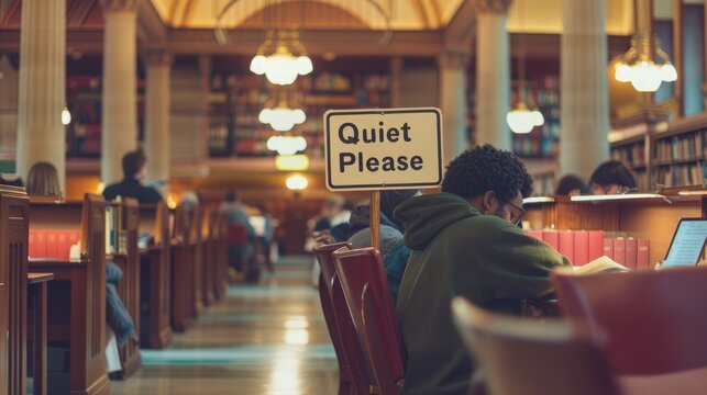 A "Quiet Please" sign in a library, students studying quietly.
