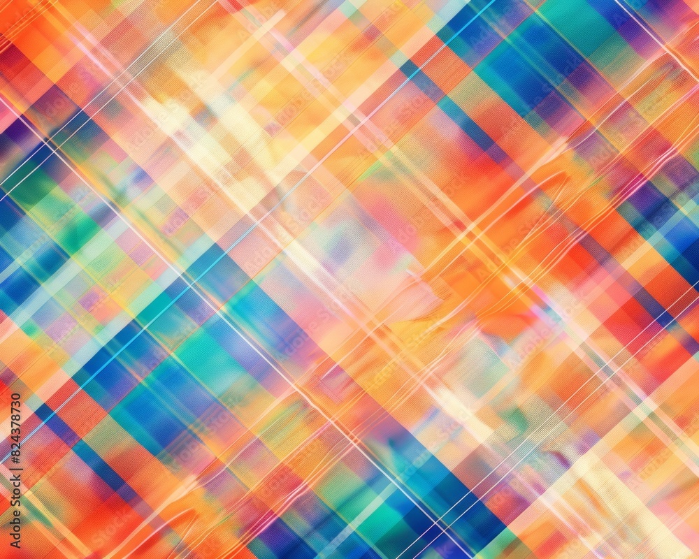Poster vibrant tartan plaid patterns overlapping in bright colors, illustrating modern take on traditional 