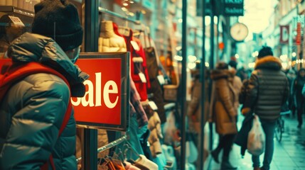 A "Sale" sign in a shop window, customers inside browsing through discounted items.