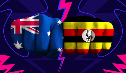 Australia VS Uganda T20 Cricket World Cup 2024 concept match template banner vector illustration design. Flags painted on hand with colorful background