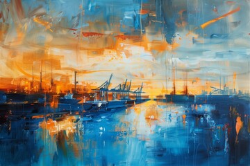 An abstract oil painting with a focus on bold, angular shapes in blue and orange, accented by streaks of gold, capturing the industrial energy of a sunrise over a bustling port.
