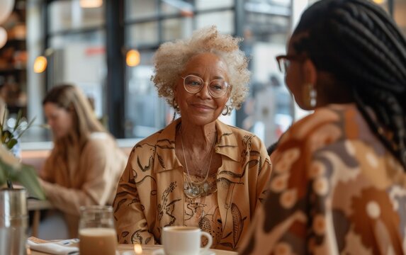 Joyful Senior Biracial Woman Enjoying Coffee with Friends at a Bustling Cafe, Exemplifying Lively Social Interaction in a Casual Setting