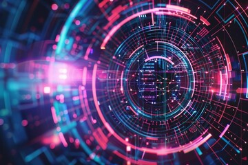 Obraz premium Circular tech hub graphic with interconnected lines and digital elements