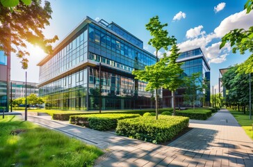 Fototapeta premium Modern office building with a glass facade, surrounded by greenery and walking paths on a sunny day