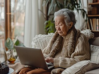 Elderly Asian Woman Engaging Online in a Cozy Living Room, Emphasizing Active Social Participation