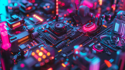 Fototapeta premium eye-level angle, dynamic graphic designers station, futuristic 3D modeling applications, bold color palette, lifelike digital elements, sharp design tools, hyper-realistic detail