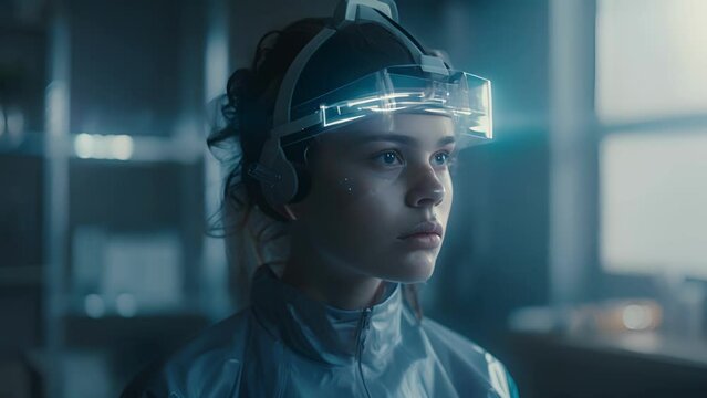 A person wearing a device on their head looks sharply at the viewer hinting at the personal responsibility and choices involved in using neuroenhancement technologies..