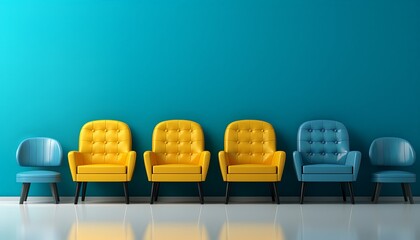 yellow and blue sofa chairs in a room