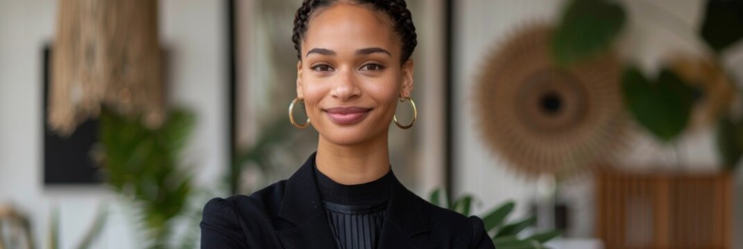 Confident Biracial Woman in her 30s Leading Virtual Presentation in Tech-Equipped Office