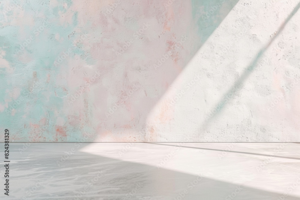 Poster modern art gallery interior with textured light gray concrete walls and subtle shadows, soft natural