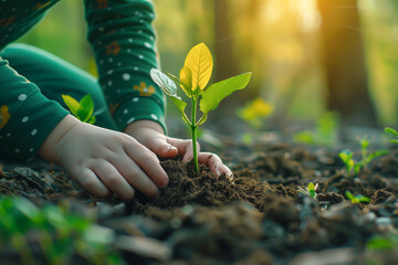 Child holding a seedling, focus on hands, concept of tree planting and earth conservation, early morning sunlight blurred background - Powered by Adobe
