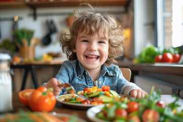 Child making a gesture and showing happiness while eating vegetables