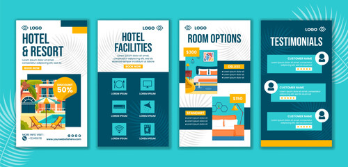Hotel Social Media Stories Flat Cartoon Hand Drawn Templates Background Illustration