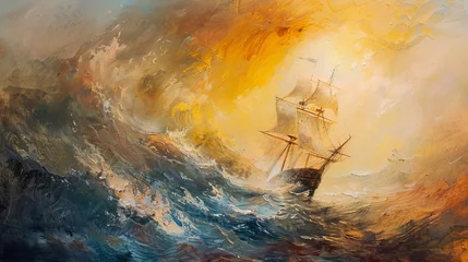 An oil painting depicting a ship sailing through a storm towards a rising sun, reminiscent of the style of William Turner.