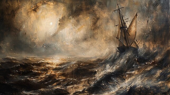 An oil painting depicting a ship sailing through a storm towards a rising sun, reminiscent of the style of William Turner.