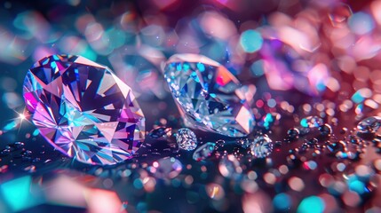 Background of crystals, diamonds, diamonds. The texture of precious stones, the reflection of light on a dark neon background.