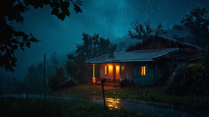 A photo of a house during nighttime rain.