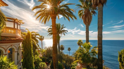 A photo of a stunning Spanish resort by the sea under a blue sky, with sunlight filtering through palm trees.