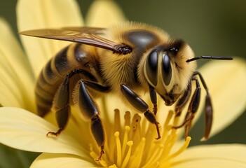 A close-up macro shot of a large black yellow honeybee head , showcasing its compound eyes, antennae, and intricate facial features.