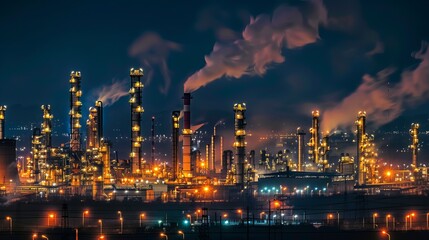 Obraz premium A nighttime view of a refinery without smoke.