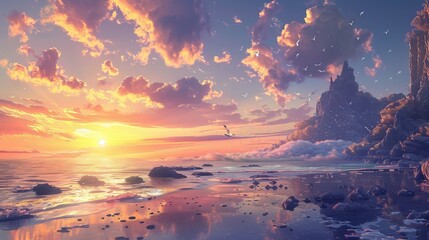 A soothing 3D anime art of the sea and land.