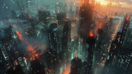 Obraz premium Overhead sunset photo of a futuristic dark-age urban landscape.