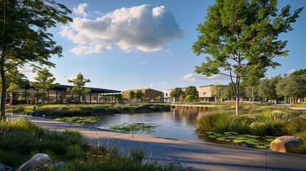 Obraz premium Capture a realistic photo from a distance featuring a park with a pond in the foreground and a one-story mall with a green roof in the background.