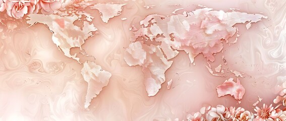 Dreamlike Rose Gold World Map with Floral Doodle Border for Breast Cancer Awareness Month Background