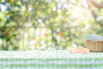 Sunny Garden Picnic Setting with Light Green Gingham Tablecloth, Wicker Basket, and Vibrant Napkins - Ideal for Summer Product Display