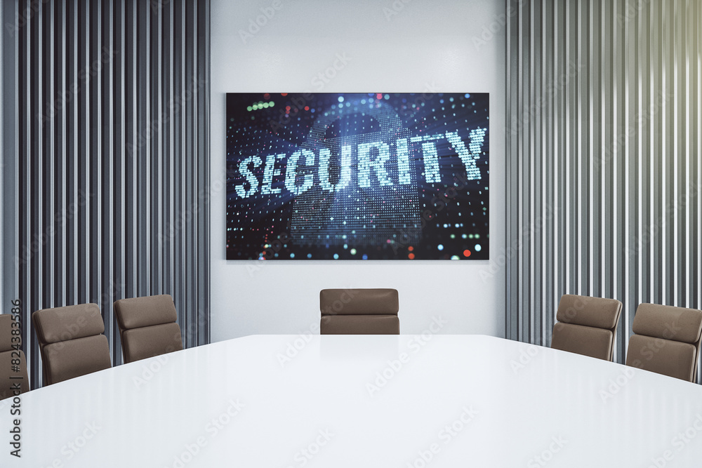 Poster Cyber security creative concept on presentation screen in a modern conference room. 3D Rendering