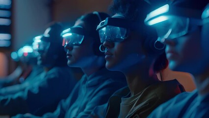 A group of academically motivated students sitting in a classroom all with identical glowing headsets and focused expressions suggesting the widespread use of genetic engineering for.