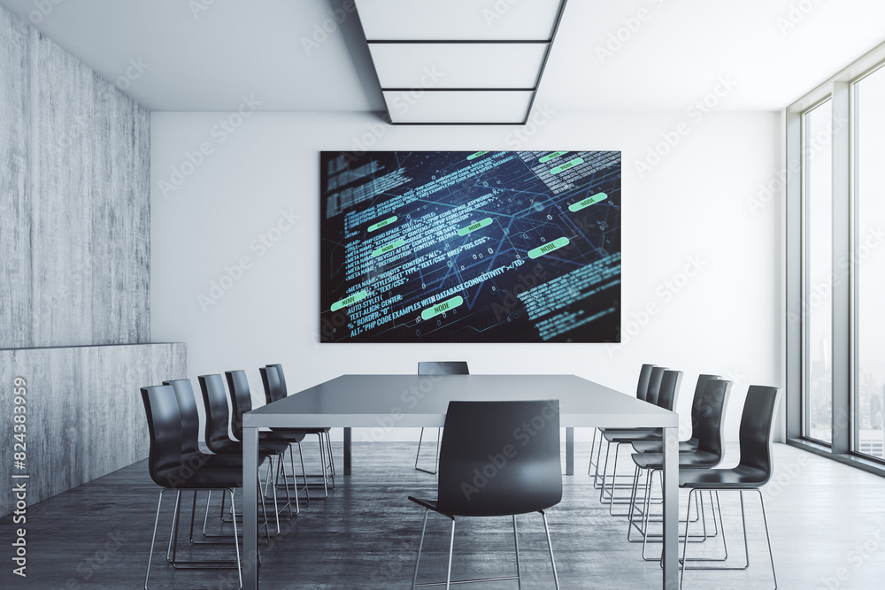 Poster Abstract software development hologram on presentation tv screen in a modern meeting room, research and analytics concept. 3D Rendering