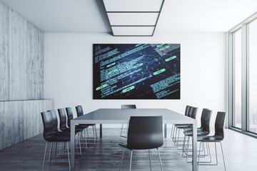 Abstract software development hologram on presentation tv screen in a modern meeting room, research...