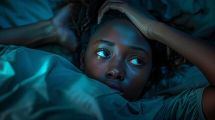 Close up of a young black woman lying awake in bed at night, suffering from mental health issues like insomnia, depression or anxiety.