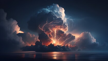 Dramatic 3D Rendered Cinematic Towering Majestic Cumulonimbus Clouds Illuminated by Flashes of Lightning over Turbulent Stormy Seascape