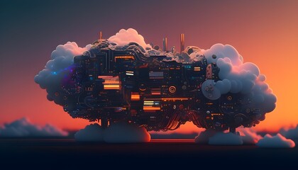 Futuristic Technological Landscape with Ethereal Cloud Formations and Integrated Digital Elements