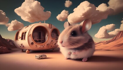 Whimsical 3D Rendered Hamster Running on Wireless Mouse Amidst Cinematic Clouds and Cozy Cabin Interiors