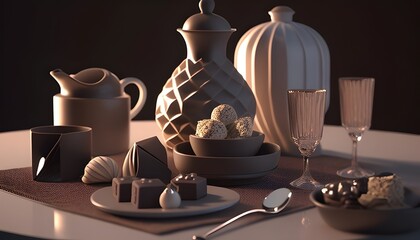 Serene and Elegant Evening Dessert Setup with Chocolate Treats and Stoneware Accents
