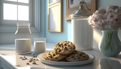 Freshly Baked Chocolate Chip Cookies with Milk a Tempting Culinary Tableau in Serene Pastel Tones
