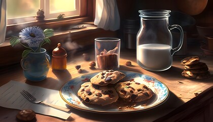 Cozy Kitchen Scene with Warm Chocolate Cookies and Chilled Milk Evoking Comfort and Indulgence