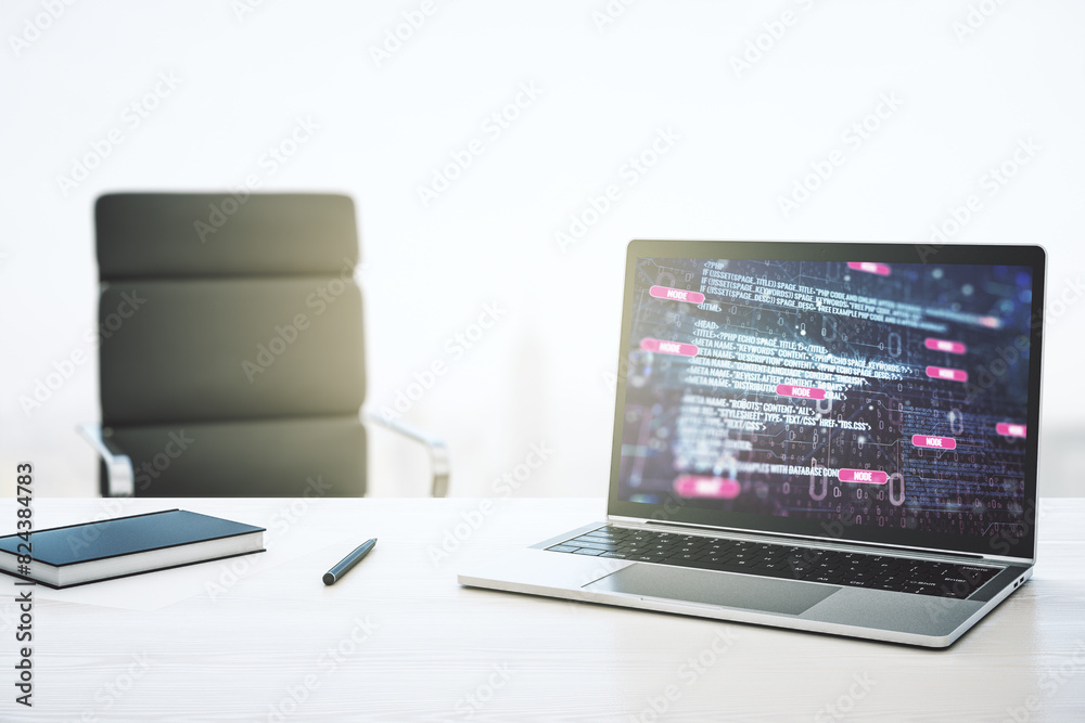 Leinwandbilder modern computer screen with abstract graphic coding sketch, big data and networking concept. 3d rend