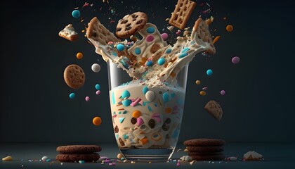 Delightful Cookies Merrily Bouncing and Leaping Around a Tall Glass of Creamy Milk with a Captivating Cascade of Rich Chocolate Pieces