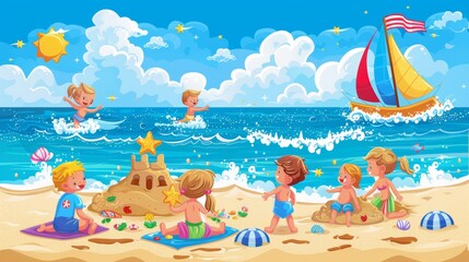 Cartoon vector scene of a Memorial Day beach gathering, with families building sandcastles, children playing, and a flag waving in the breeze, capturing the essence of a holiday Generative AI
