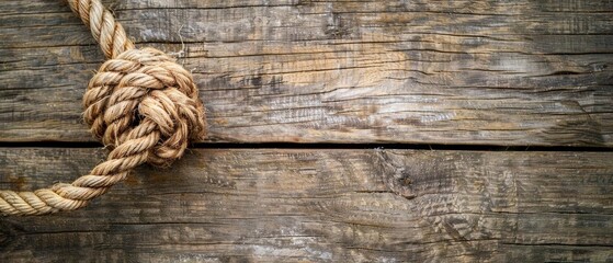 Fototapeta premium A close-up of a rope knot on weathered wooden planks, creating a rustic and nautical theme with textured and natural elements.