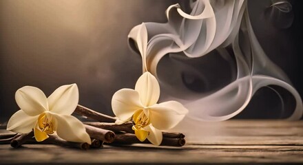 Vanilla Flower and Sticks Emit a 'Fragrance' Represented as Smoke, Vanilla Orchid in the Background.

